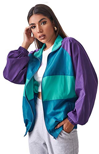 SweatyRocks Women's Lightweight Windbreaker Patchwork Zipper Sport Jacket Coat Outerwear Purple Blue M