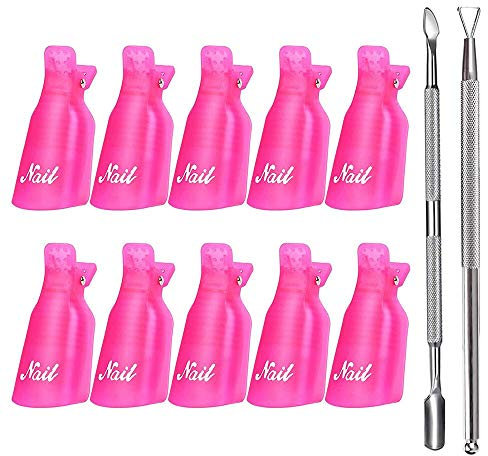 Ongles Outil Dissolvant, Nail Clips Set Ongles Remover Nail Art Soak off Clips kit manucure,10 * Capucho à ongles,1x Coupe Cuticules,1x Grattoir Poussoir