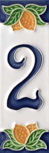Numéros de maison, chiffres et lettres en céramique italienne, motif citron, dimensions du carreau : 10 cm x 3,5 cm (numéro 2)