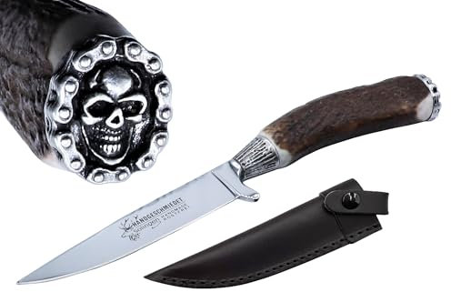Messer Jagdmesser Skull Totenkopf echt versilbert Hirschhorn Trachtenmesser Jagd Hirschfänger Wild Bock Jagdnicker für Lederhose Biker Jäger Jagd Stahl-Klinge Hirsch, Farbe:Skull C