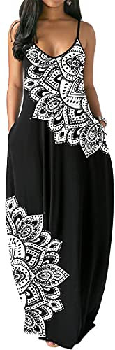 PADOLA Robe Femme Chic et Elegant Bohème Robe avec Poche Bretelles Spaghetti Maxi Robe Floral Robe de Plage Longue été Décontractée Robe Vintage Grande Taille sans Manche (0 Fleurs Blanches, S)