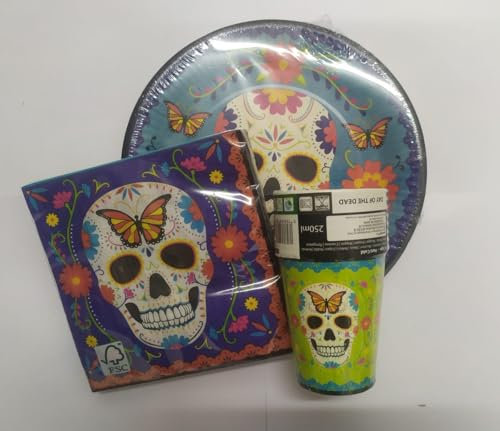 Lote de Cubiertos Infantiles Calaveras Multicolores (8 Vasos, 8 Platos 23 cm, y 16 Servilletas) .Vajillas. Detalles para Fiestas de Halloween, Cumpleaños, Bodas, Bautizos y Comuniones.