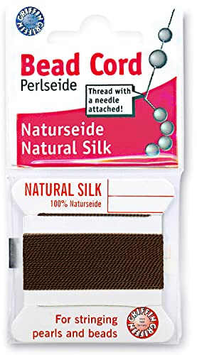 Griffin Silk Bead Cord Perlseide – Brown Color – Size 12 (0.98mm) – 2 Meters per Card – Stainless Steel Needle Attached – for Knotting Pearls, Gemstones, Crystals and Beads