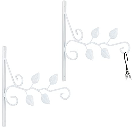 Relaxdays Blumenampel Halterung mit Blattmotiv, 2er Set, Wandmontage, weiß | HxBxT: 30 x 29,5 x 2 cm, Blumenhaken, Eisen