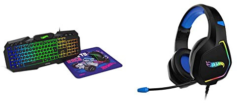 KROM Edición HOT WHEELS. Kit Teclado Gaming Membrana RGB, Ratón con sensor óptico, Alfombrilla, y Auriculares RGB con micrófono y diadema ajustable, PC, Switch, PS5, PS4, XBOX