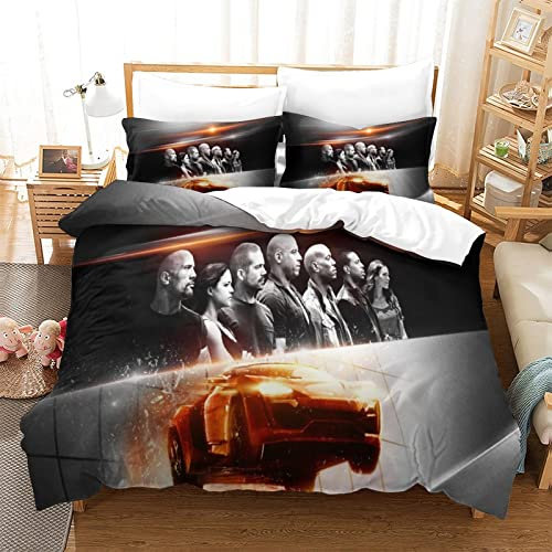 Fast and Furious Bettwäsche Set 3D Bettbezug 135x200 cm Weiche Bequem Hypoallergenic Mikrofaser Bettbezüge mit Kissenbezug und Reißverschluss für Jugendliche Erwachsene Kinder