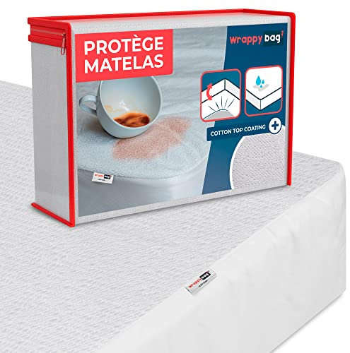 WRAPPYBAG Protège Matelas Imperméable 140 x 190 cm – Alèse en Coton Certifiée Oeko-TEX Bonnet 30cm – Housse de Lit Hypoallergénique (Acarien/Poussière/Transpiration) avec Attache Élastique