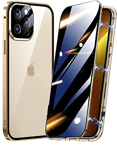 Hülle 360 Grad für iPhone 12 Pro,Anti-Spy Magnetische Handyhülle mit Privatsphäre Gehärtetes Glas und Kameraschutz,Apple iPhone 12 Pro Hülle Magnetisch Metall Bumper Case,Gold