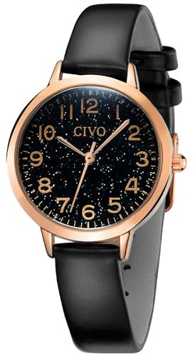 CIVO Damenuhr Leder Schwarz Quarz Analog Wasserdicht Armbanduhr Damen Zahlen Minimalistische Klassisch Elegante Lässig Kleid Geschenke Uhren fur Damen Sternenhimmel Zifferblatt