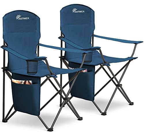 SUNMER Set of 2 Folding Camping Chairs, Extra Wide Lightweight Outdoor Chairs with Armrests and Cup Holder, 120 kg Capacity - Blue