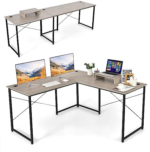 GIANTEX Schreibtisch Eckschreibtisch L-Form Computertisch umkehrbar PC-Tisch mit Monitorständer 2 Kombinationen Computerschreibtisch Winkelschreibtisch Bürotisch Ecktisch Gaming-Tisch (Grau)