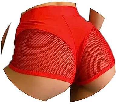 ORANDESIGNE Scrunch Butt Sportshorts Damen Push Up Booty Nahtlos Biker Yoga Fitness Gym Shorts Hohe Taille Pole Dance Rüschen Bikini Rave Cut Out Clubwear D Rot L
