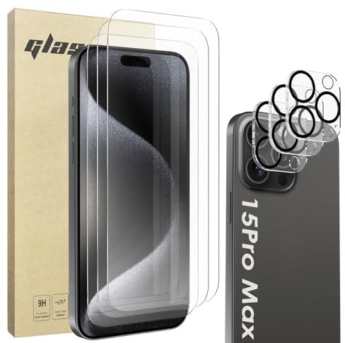 Bigqin 3 PCs Tempered Glass Screen Protector compatible with iPhone 15 Pro Max 6.7“, 3 PCs Camera Lens Protector, 9H Hardness, Anti-Scratch, HD Clear, Smooth Touch, Anti-collision