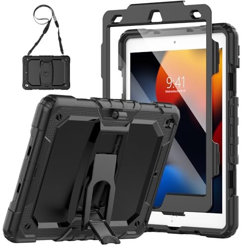 SEYMAC Hülle für iPad 10,2 Zoll (9./8./7. Generation), Stoßfeste für iPad 9 Generation Hülle mit Displayschutz/Faltbarem Ständer/Stifthalter für 2021/2020/2019, Schwarz