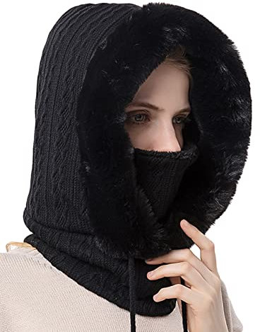 FEOYA 2 in 1 Wintermütze Damen Strickmütze Balaclava Mütze Stricken Winter Warme Fleece Mütze mit Fleecefutter Gestrickte Winddichte Mützen Kapuzen Schal Set Skimütze Frauen Sturmhaube Beanie Schwarz