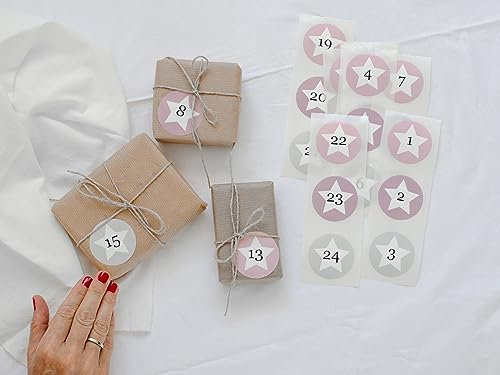 Mimi und Anton 24 Adventskalender Zahlen Aufkleber | 24 Adventskalenderzahlen zum Aufkleben in zauberhaften Farben rosa, lila, grau, Hygge Scandi Nordic Stil Handmade in Deutschland