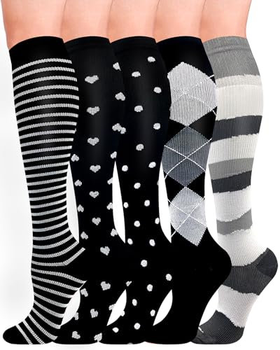 HIPOWER 5 Paar Kompressionsstrümpfe Damen und Herren Bunte Stützstrümpfe Sport Kompressionssocken Stützkniestrümpfe Reisestrümpfe Compression Sock Für Flug Radsport Krankenschwester(B-5 Paar,XXL)