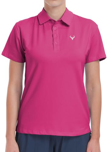 YUNDAI Women's Polo Shirts Short Sleeve Quick Dry Tennis Golf T-Shirts Breathable Sports Workout Gym Tops, Medium Dark Pink