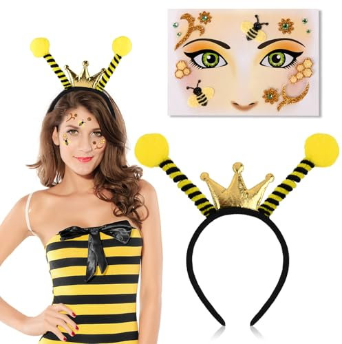 Bienen Kostüm Damen Accessoire, Bienen Haarreif Erwachsene Kinder und Gesicht Tattoo Bienenkostüm Erwachsene Kinder Haarreif Fasching Damen Kostüm Biene Fühler Haarreif Damen Bienen Tattoo Gesicht