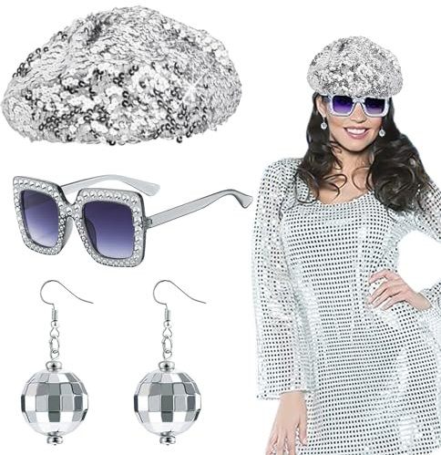 EUPSIIU 3 Stück Disco Kostüm 70er 80er Accessoires mit Pailletten Baskenmützen Hut Bling Sonnenbrille Ohrringe Discokugel Erwachsene Disco Outfit Zubehör Damen Dance Kostüm für Karneval (Silber)