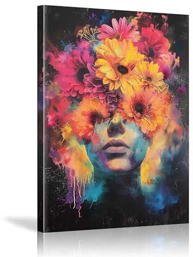 LSYALUCK Wunderschönes Blumenkopf-Frau-Mädchen-Gemälde, abstrakte Figur, Leinwand-Wandkunst, Frauengesichtsporträt mit roter Blume, Posterdruck, 30 x 52 cm (12 x 20 Zoll) Innenrahmen