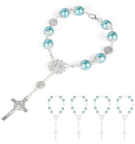 SWAWIS 10 Stück Taufe Rosenkranz Armband Kreuz Armband Rosenkranz Katholisch Taufe Deko Kommunion Mädchen für Geburtstage, Kommunion Gastgeschenke Taufe Party Rosenkranz Auto, Blau