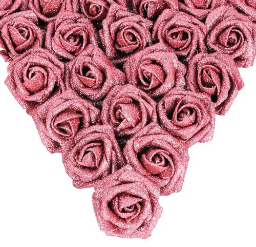 IPOPU Glitzer-Rosenstrauß, 25 Stück glitzernde künstliche Rosen mit Stielen für Kuchen, Hochzeit, Blumenstrauß, Zuhause, Party-Dekoration (Lachs)