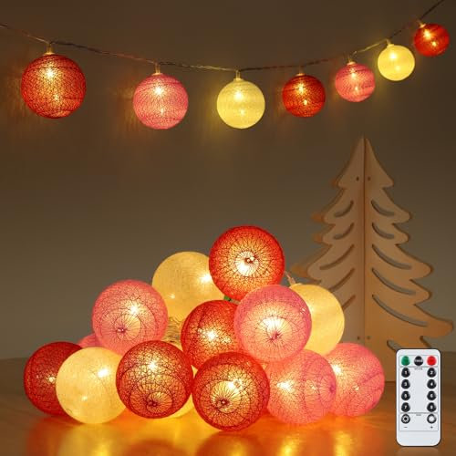 Ewikin Lichterkette Baumwollkugeln, 20 LED Kugeln Lichterkette USB & Batteriebetrieben, Lichterkette Kinderzimmer Mädchen mit Fernbedienung, Cotton Ball Lichterkette Innen für Hausbett Deko, Zimmer