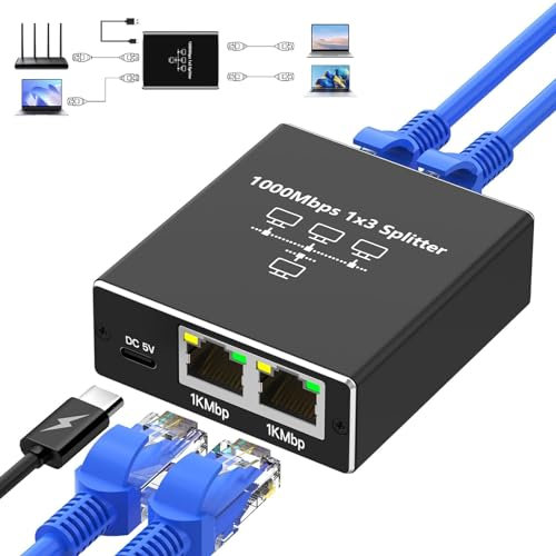 Switch Ethernet 1 à 3 1000Mbps RJ45 Multiprise Répartiteur LAN pour Ordinateurs, Routeurs et Décodeurs