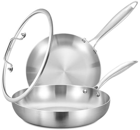 Inqibee 26-30 CM Tri-Ply Stainless Steel Frying Pans with a Lid,Induction Cookware Set,Ergonomic Handle and Oven Safe,Even Heating