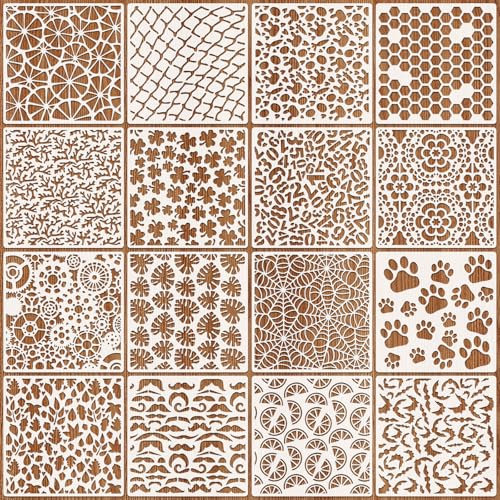 JSRQT 16 Stück Fußabdrücke Blätter Schablone zum Zeichnen, Zahnräder und Spinnennetze Malvorlage für Holz 5 inches