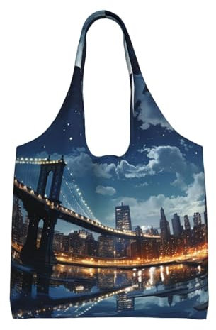 HJRT Ästhetische Einkaufstasche aus Segeltuch für Damen, Einkaufstasche, große Kapazität, Umhängetasche, Mondlicht, New York City, Handtasche, wiederverwendbar, Einkaufstasche, Geschenktüten für