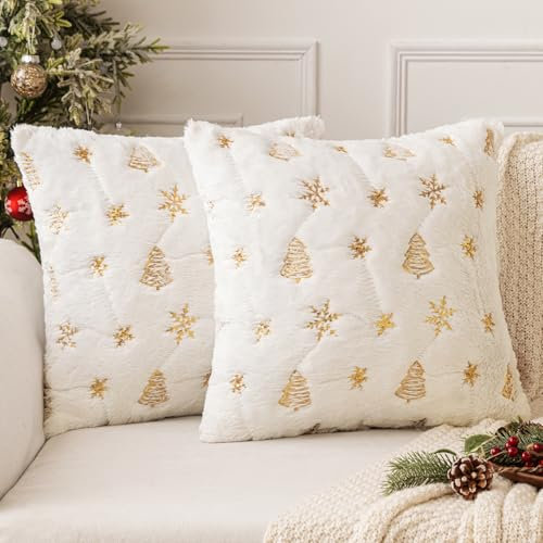 MIULEE Natale Cuscini per Divano Set di 2 Cuscini Natalizi Decorativi Quadrati Morbide Copricuscini Domestica Soggiorno Camera da Letto Albero di Natale Scintillante 40x40cm, Blanco
