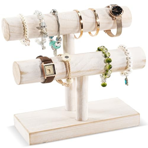 ProCase 2 Etagen T-Form Armbandhalter aus Holz, Abnehmbare Armband Halterung Schmuckhalter Armbänder Display, Vintage Armbandständer Uhrenständer Aufbewahrung für Armreifen Haarklammern Uhren -Weiß