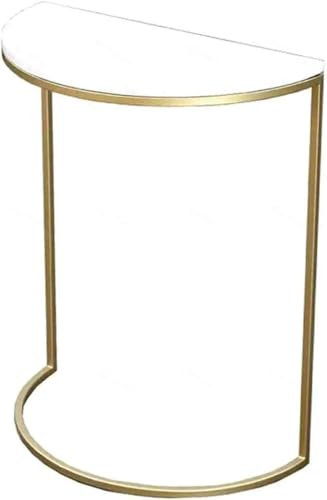 Kleiner Halbrunder Beistelltisch für Wohnzimmer mit Metallsockel, moderner halbkreisförmiger Akzenttisch für Sofa, Couch, einfache Montage – schlanker C-Tisch, weißer Marmor, 20 x 40 x 50 cm