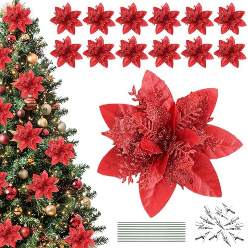HZYIQ Weihnachten Glitter Künstliche Weihnachtsstern Blumen, 12 Stücke Weihnachten Baum Blumen Deko, Weihnachtsblumen Christbaumschmuck Xmas Ornamente mit Blütenstielen und Clips, 14 x 14cm (Rot)