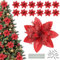 HZYIQ Weihnachten Glitter Künstliche Weihnachtsstern Blumen, 12 Stücke Weihnachten Baum Blumen Deko, Weihnachtsblumen Christbaumschmuck Xmas Ornamente mit Blütenstielen und Clips, 14 x 14cm (Rot)