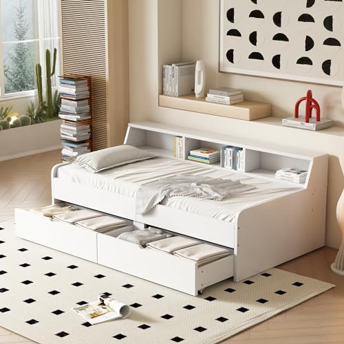 Kinderbett 90x200 cm, Holzbett Tagesbett mit 2 Schubladen und Bücherregal, Sofabett Gästebett Schlafsofa Bett mit Lattenrost und Stauraum, Jugendbett Funktionsbett Bettgestell, ohne Matratze, Weiß