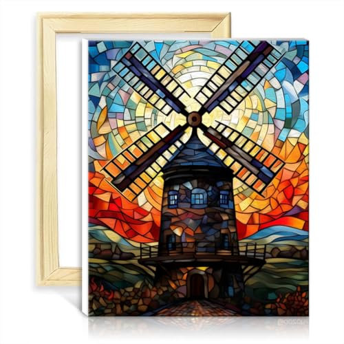 LiHEQING Ölgemälde „Windmühlen“ auf Leinwand, für Erwachsene, mit 3 Pinseln und Acrylfarben für die Wanddekoration zu Hause, ohne Rahmen (50 x 65 cm)