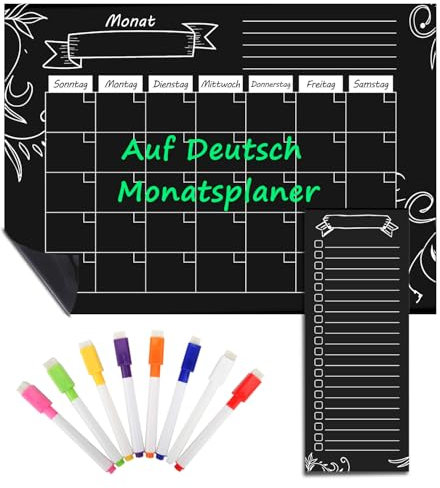 MoKo Deutsch A3 Monatsplaner Abwischbar Magnetisch, Wochenplaner Abwischbar Magnetisch und Einkaufsliste mit 8 Boardmarker für Küchenkühlschrank und White Board, Schwarz