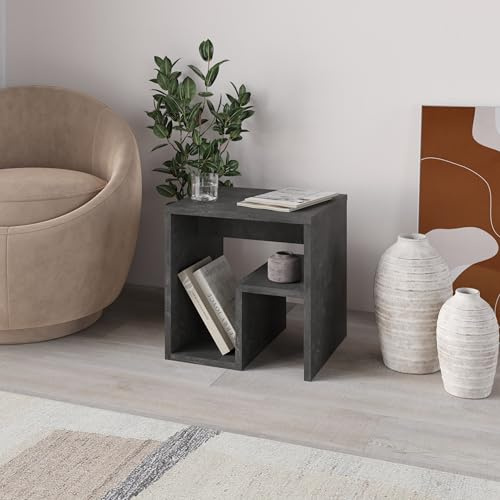 HOCUS PICUS Square End Table G-Shape Side Table Open Shelf, Retro Grey | Living Room Bedroom, Storage Coffee Sofa Table Chipboard, 40x40cm