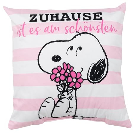 United Labels The Peanuts Snoopy Kissen, Kopfkissen 40x40 cm, Rosa Weiß, Sofakissen Zuhause ist es am schönsten, Dekokissen für Fans