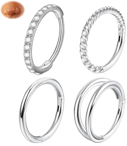 4 Pcs Silver Nose Rings for Women,Helix Hoop Hinged Nose Hoops,Conch Hoop Septum Ring Clicker,Cartilage Earrings Seamless Nose Piercing Use for Hoop Hoops Piercing Jewelry for Women Men Gift