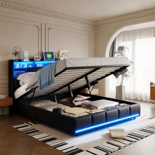 Bett 160x200 mit Stauraum,Polsterbett Doppelbett 160x200 mit USB,Hydraulisch Stauraumbett,Funktionsbett Jugendbett mit LED,Bettkasten mit Kopfteil und Lattenrost,Doppelbett mit Stauraum (Schwarz+PU)