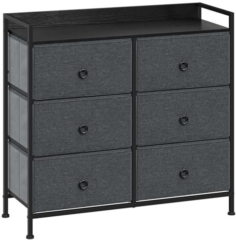 WOLTU Kommode mit Schubladen, Schrank mit 6 Stoffschubladen, Aufbewahrungsschrank Sideboard für Schlafzimmer Wohnzimmer Flur, Metallrahmen, Industrial Stil, Schwarze Holzoptik+Dunkelgrau, SSK010szdg