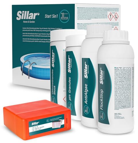 Sillar Pool Starter Set 5 in 1 I Pool-Reinigungsset komplett zur Wasserpflege I Pool Zubehör Set I Pooltester pH/Cl-Messgerät, pH-Senker, Chlorgranulat, Klärmittel, Mittel gegen Algen