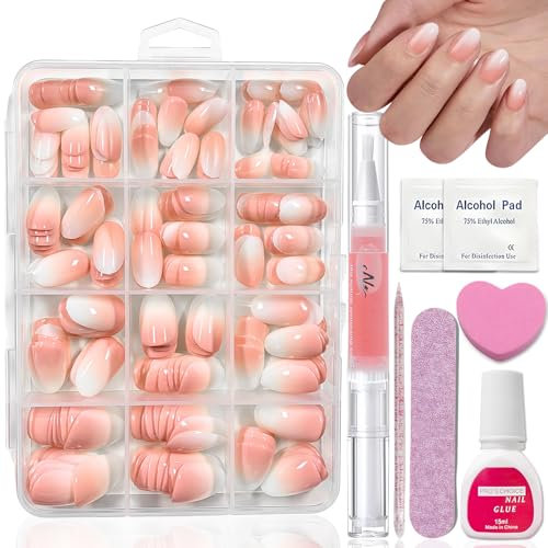 240 Stück Nägel Zum Aufkleben Set - Nackt Weiß Gradient Künstliche Fingernägel Zum Aufkleben - Glänzend Press on Nails Mandel - Vollständige Abdeckung Nagel Tips Set für Frauen Mädchen (Oval)