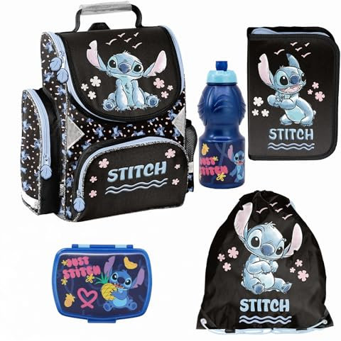 PASO - Schulranzen für Jungen und Mädchen, 5er-Set - Schul-Rucksack für Kinder mit Federmäppchen - Schuhbeutel Brotdose und Trinkflasche - Stitch Motiv - 1-3 Klasse