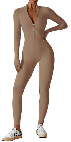 Ecupper Damen Jumpsuits Yoga Bodycon Einteiler Zip Up | Damen Jumpsuit langarm mit Reißverschluss, ohne Pads & ohne Taschen, stretchbarer Stoff, für Fitness & Yoga