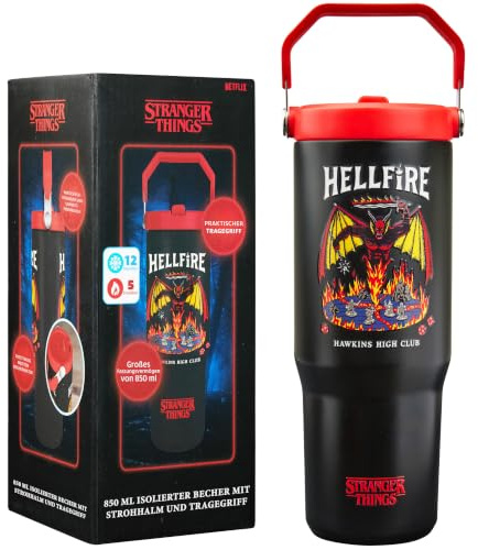 Get Trend Stranger Things Botella Termica con Pajita y Asa 850ml, Vaso Térmico Antigoteo Reutilizable, Taza Acero Inoxidable, Bebidas Frías y Calientes (Negro/Rojo Stranger Things)